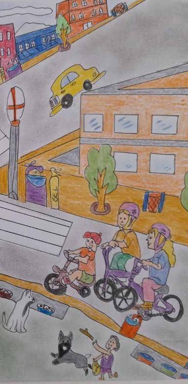 Dessin d'une scène urbaine avec un enfant et des adultes en vélo, une personne qui marche un chien, un taxi jaune et un bâtiment orange.